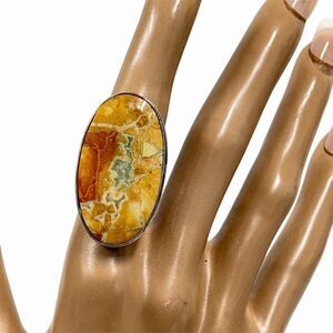 Brecciated Jasper Oval Cocktail Ring Silver Plated Unisex Size 5.5